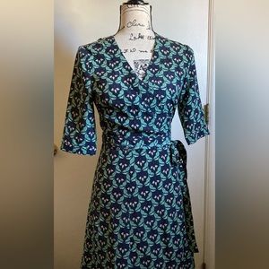 Ethereal Green & Blue Floral Geometric Wrap Open Back Dress #S